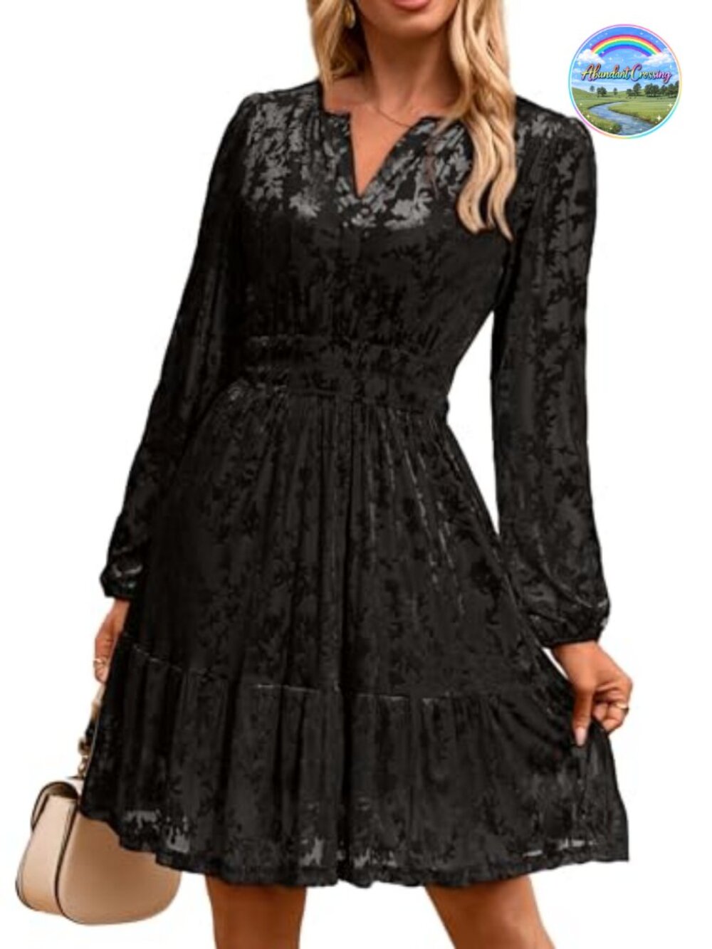 Velvet Long Sleeve V Neck Mini Dress with Pockets A-Line Empire